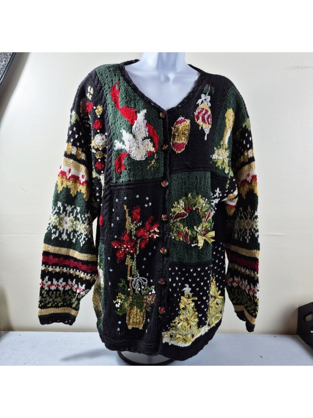 Vintage 1998 Heirloom Collectibles Ugly Christmas Sweater Women 14/16 Beads Bows